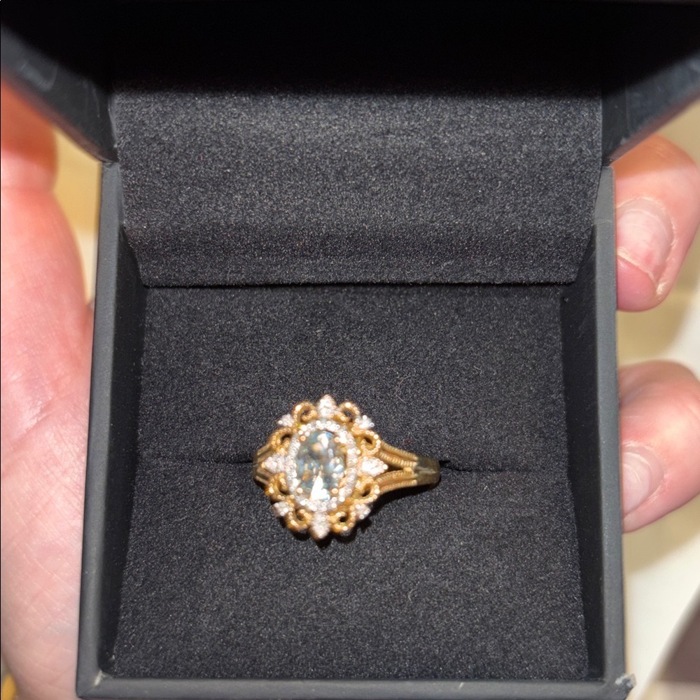 Oval Aquamarine 1/10 CT. T.W.Diamond Frame Vintage-Style Ornate Ring in 10K Gold - Picture 3 of 7